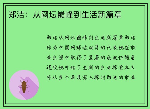 郑洁：从网坛巅峰到生活新篇章