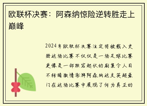 欧联杯决赛：阿森纳惊险逆转胜走上巅峰